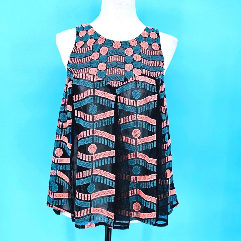 Akemi + Kin Anthropologie Embroidered Mesh Swing Top Black Small Sheer